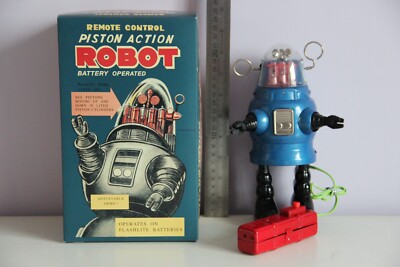 KOLBENROBOTER BLAU NOMURA REPRODUKTION - VINTAGE ROBOTER BLECHSPIELZEUG