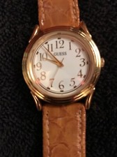 GUESS Watch 1989 Vintage Round Gold Bezel Leather Band Strap, Pre-owned