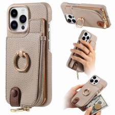 For iPhone 16 15 14 Pro Max 13 12 Magnetic Zipper Wallet Leather Ring Case Cover