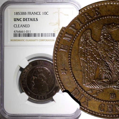 FRANCE Napoleon III Bronze 1853 BB  10 Centimes NGC UNC DETAILS KM# 771.3 (11)