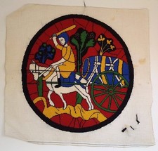 Vintage Needlepoint Scene Peasant Mule Horse Wagon Barrel Completed Round 13.75"