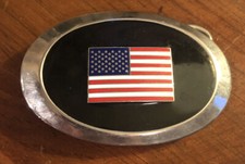 Vtg Belt Buckle Flag American USA Steel Enameled Military Proud Western Pledge