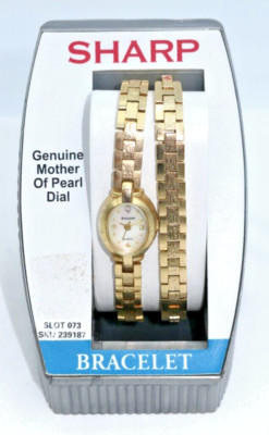 NEW Vintage SHARP Quartz Gold-Tone Mother of Pearl Dial Bracelet Watch Set