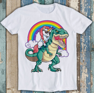T-Shirt Einhorn reitend Dinosaurier T Rex Party Regenbogen Trupp lustig Geschenk M1566
