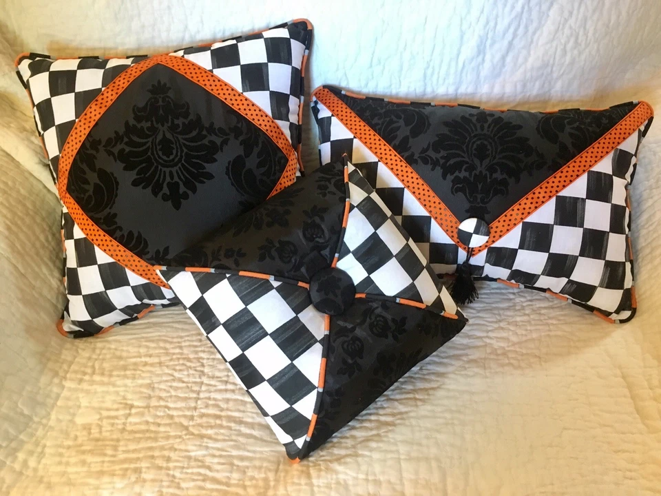 Black Damask Orange Envelope Pillow Mackenzie Childs Napkin - Image 2 of 4