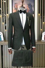 Men's Green Peak Lapel Party Dinner Formal Business Groom Tuxedo Wedding Suit