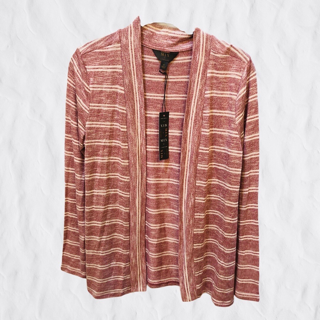 Mix by 41 Hawthorn Women’s Heather Pink/White Striped Open Knit Cardigan  Small