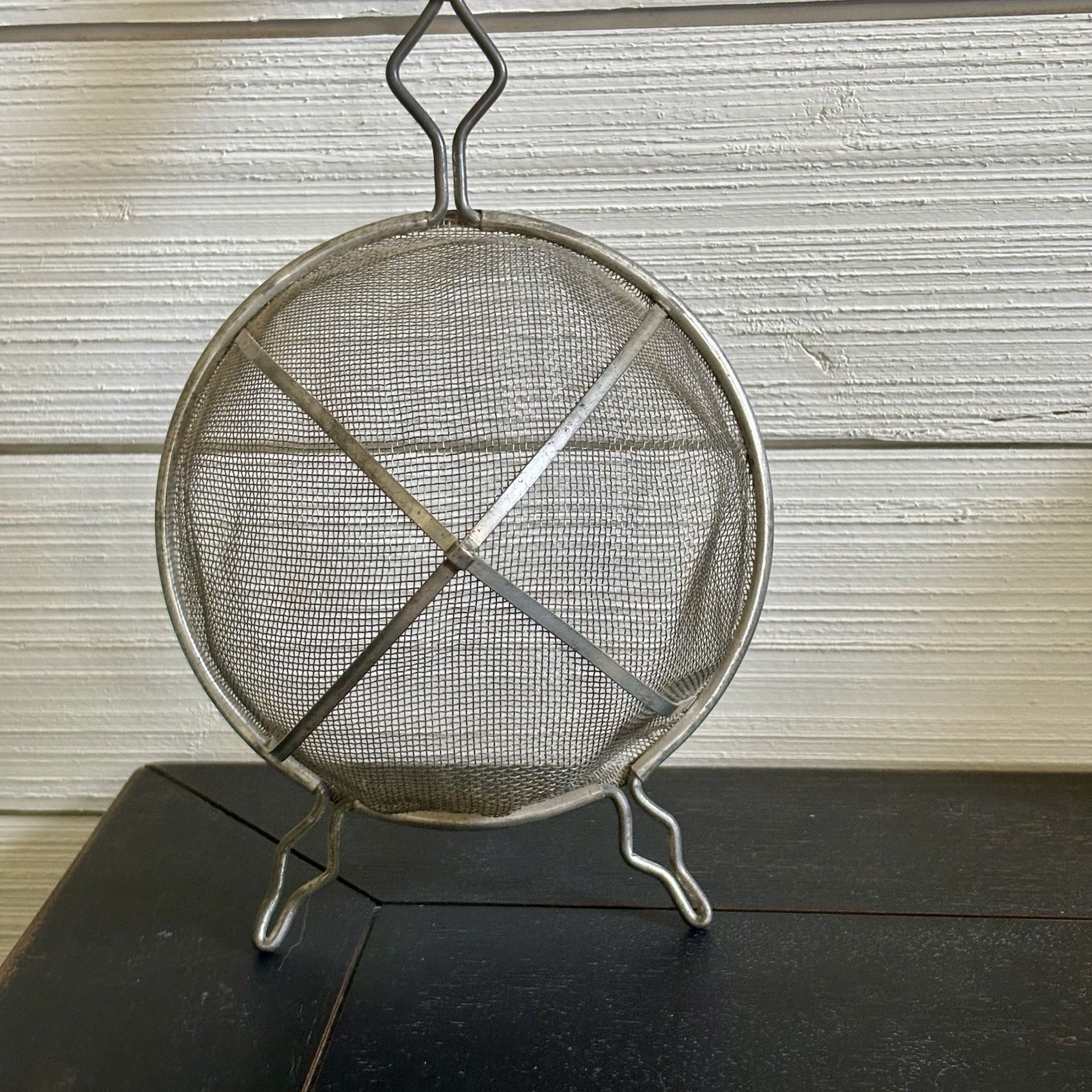 Primitive Kitchen Mesh Screen Colander Strainer With Red Painted Wood Handle 