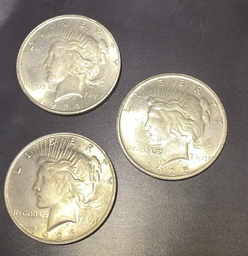 Lot of 3 Peace Silver Dollars: 1924,1925,1926 90% Silver $1.00 Circulated