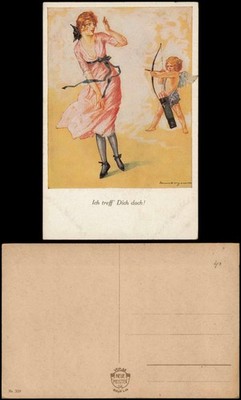 Liebe Liebespaare - Love Engel Amor zielt auf schöne Frau Künstlerkarte 1918