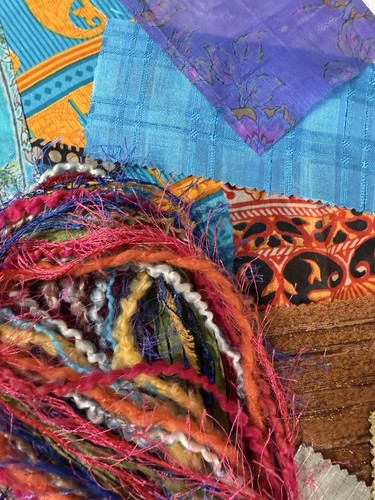 Colorful Boho style mixed media collage art silk fabrics and yarn bundle lot - Picture 4 of 11