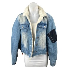 Fashion Nova Women's Blue Sherpa Fleevce Button Long Sleeve Denim Jeans Jacket M