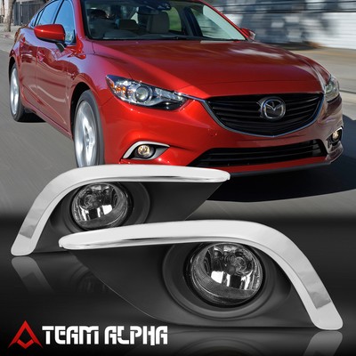Fits 2014-2016 Mazda 6 [Clear] Fog Light Lamp w/Switch+Harness+Chrome Trim Bezel