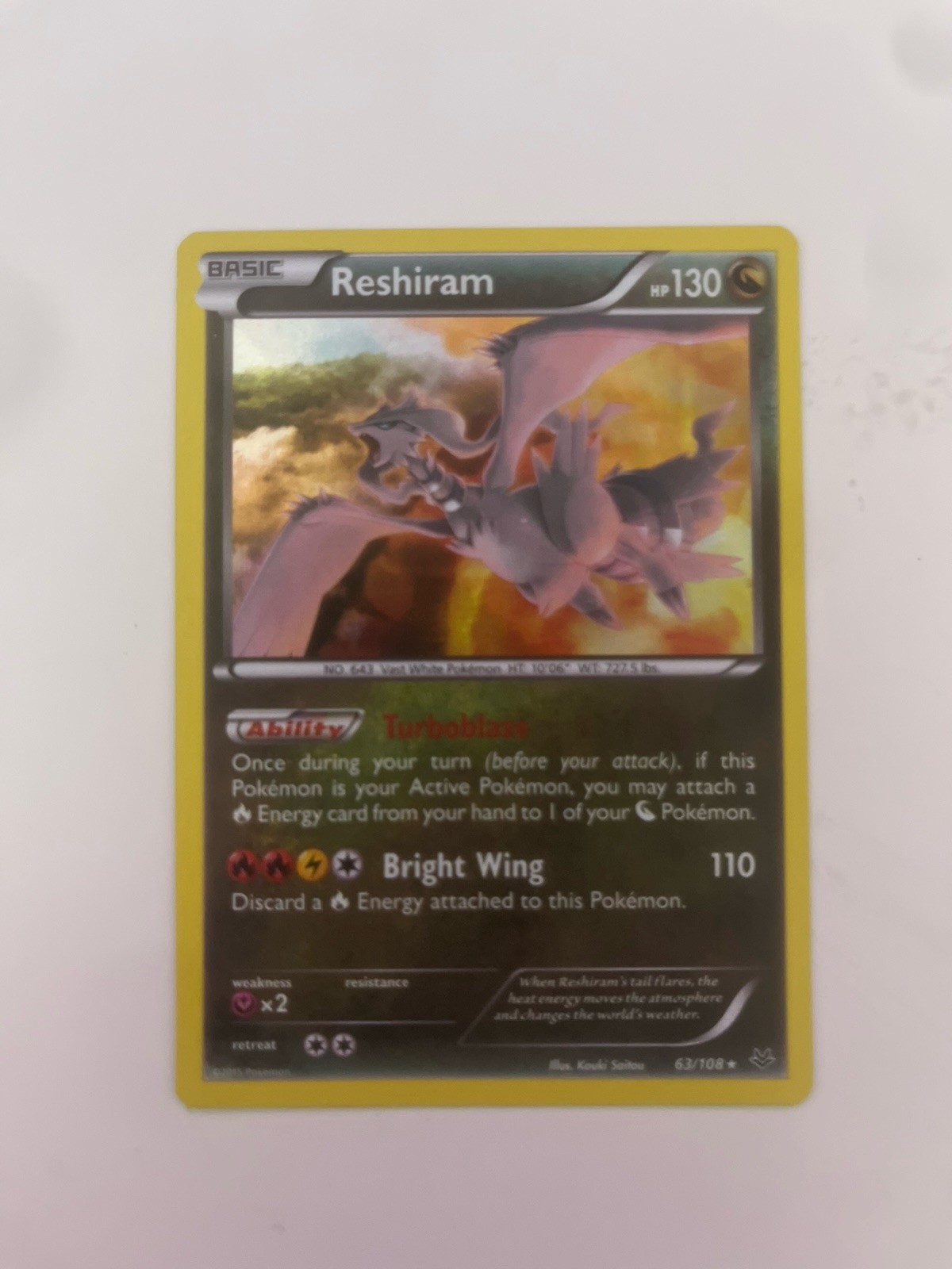 2015 Pokemon TCG Reshiram 63/108 XY Roaring Skies Holo Rare - LP