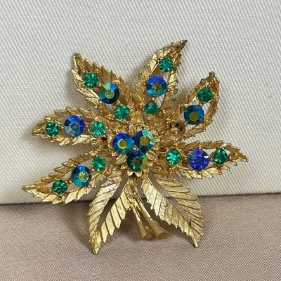 Vintage Gold Tone Floral Flower Aurora Borealis Rhinestone Brooch Pin C2