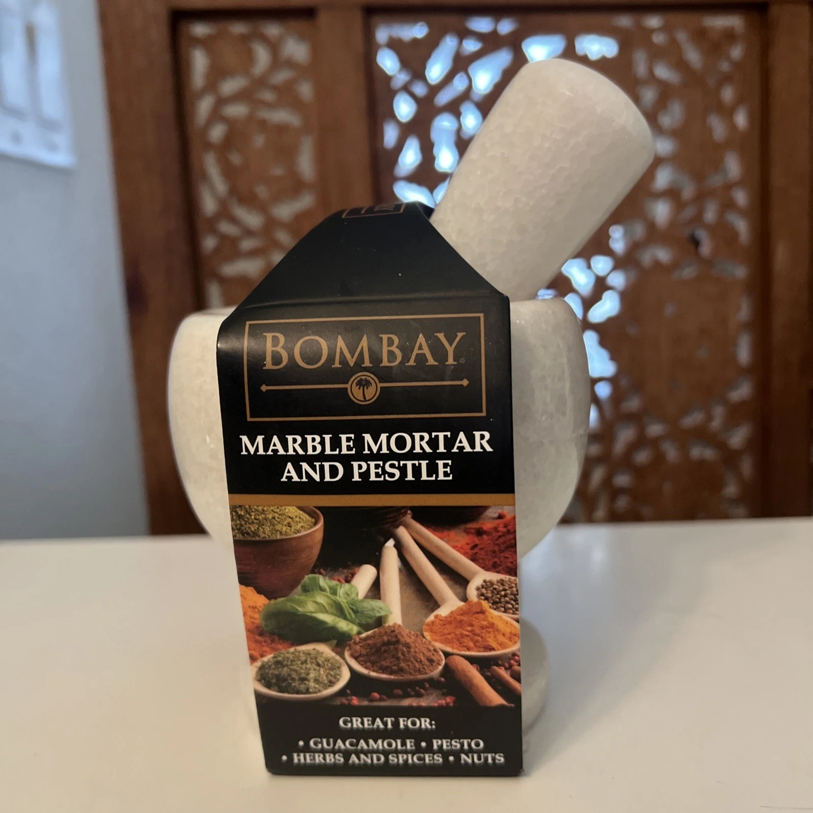 Bombay Marble Mortar Pestle Set Spice Herb Grinder Kitchen Natural White Tool