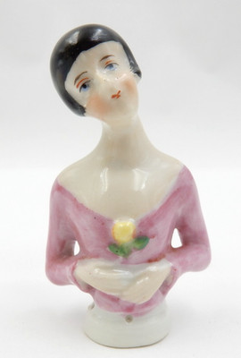 VINTAGE FLAPPER LADY W/PURPLE BLOUSE PORCELAIN PINCUSHION HALF DOLL, GERMANY