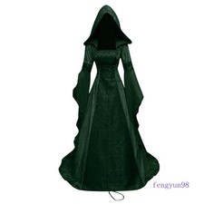 Halloween Cosplay Plus Size Medieval Vintage Hooded Dress Gown Waist Tie Long