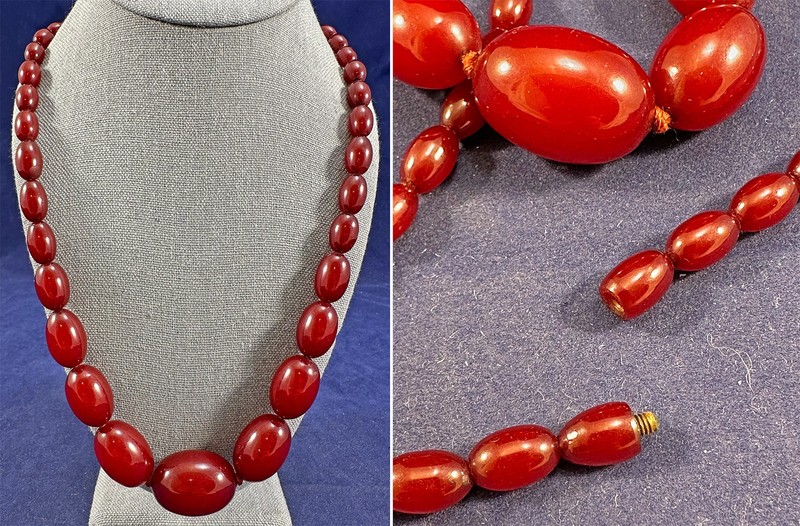 Vintage Antique Faturan Bakelite Cherry Amber Graduated Oval Beaded Necklace 33"