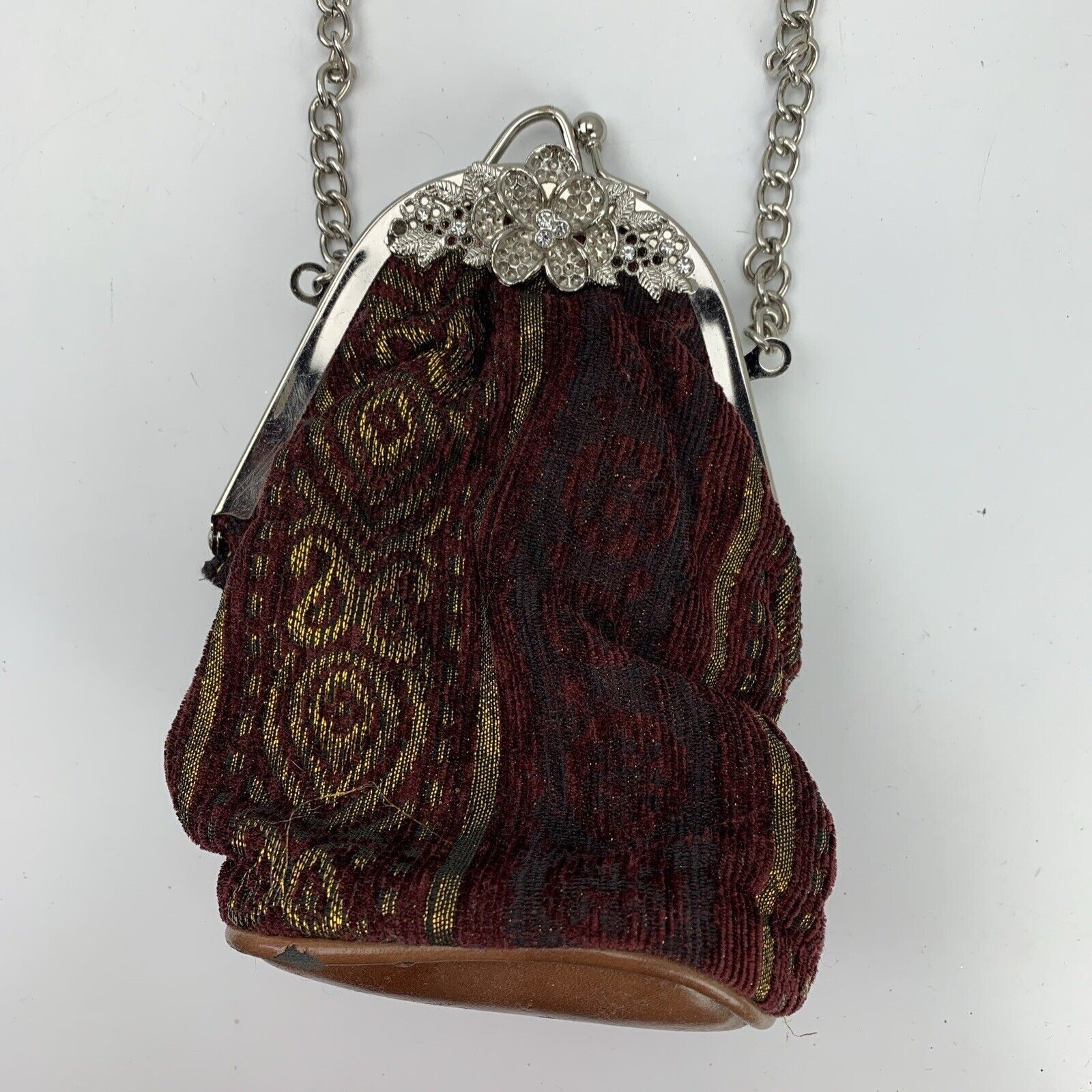 Bolso De Mano Clutch Granate Con Cadena Dorada Correa Noche 7" x 5"