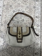 Coach Ivory Brown Gold Studded Crescent Shoulder Bag with Buckle Accent