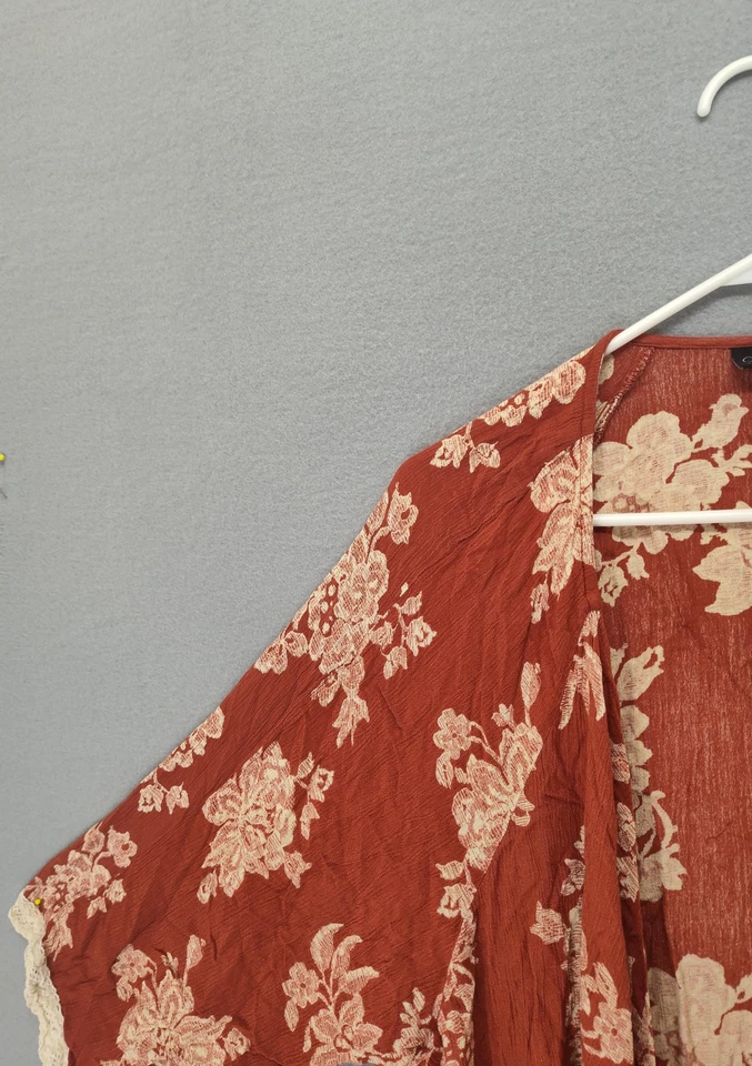 Cameo Appearance Kimono Womens 3X Rust Red Beige Floral Open Front Boho Lace - Image 2 of 4