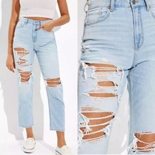 American Eagle size 6 Distressed Mom Straight Jean Light Wash High Rise