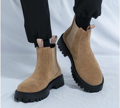 Men's Faux Suede Platform Round Toe Pull On Thick Sole Ankle Boots Casual Shoes