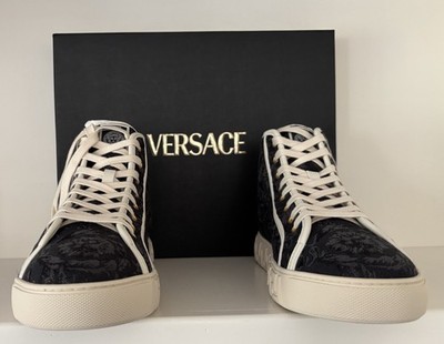 VERSACE GRECA HIGH TOP BLACK & OFF WHITE NEW IN BOX AUTHENTIC SIZE 42