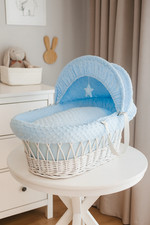 Luxury Moses Basket Padded White Wicker with handles Baby Full Set - Blue Dimple