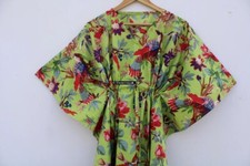 Indian Green Long Bird Print Cotton Hippie Maxi Women Nightwear Caftan Dress