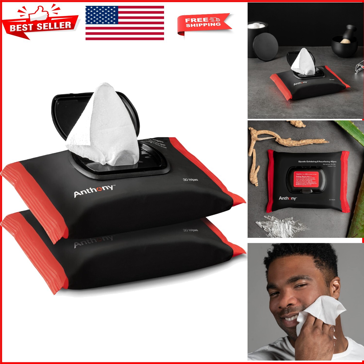 Men Glycolic Acid Face Wipes for Exfoliation & Cleansing Pack of 30