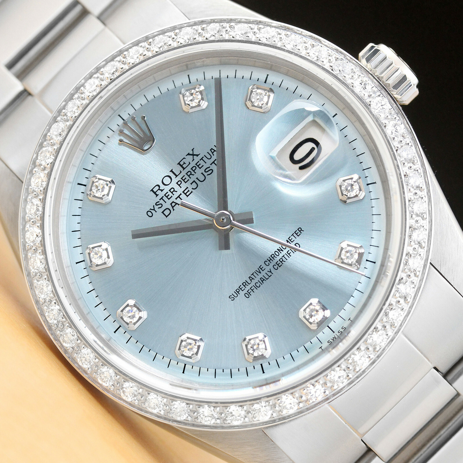 MENS ROLEX DATEJUST ICE BLUE DIAL 18K WHITE GOLD DIAMOND BEZEL & STEEL WATCH