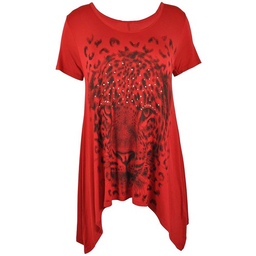 Top de mujer talla grande con dobladillo desigual manga corta lentejuelas cara de tigre estampado Ha - Imagen 15 de 21
