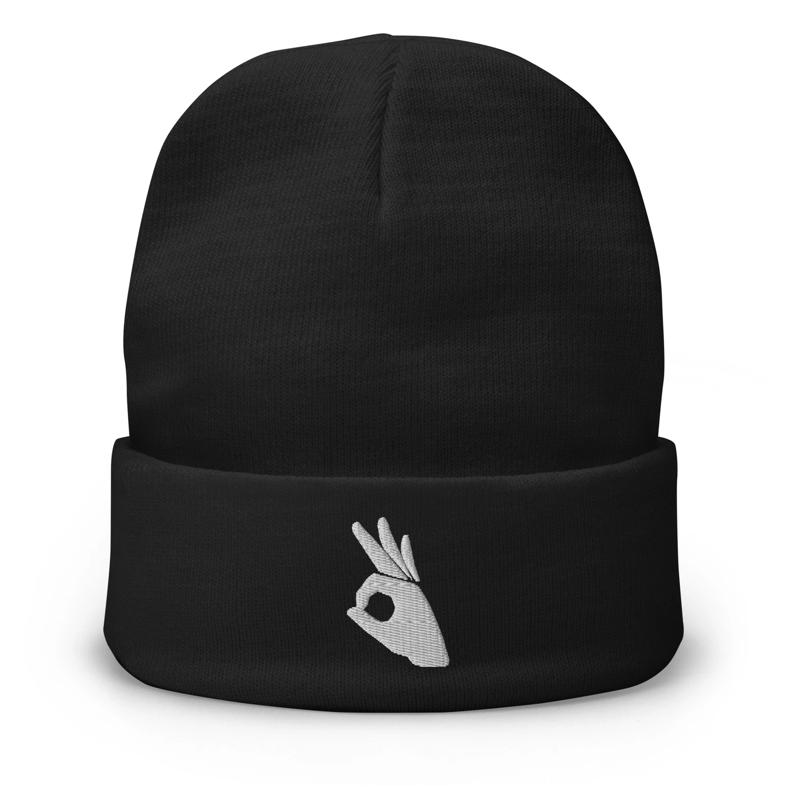 Okay Sign Hand Gesture Symbol Embroidered Cuff Beanie