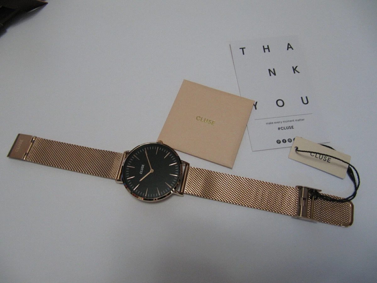 New Women Cluse Watch La Boheme Rose Gold Case Mesh Band Black