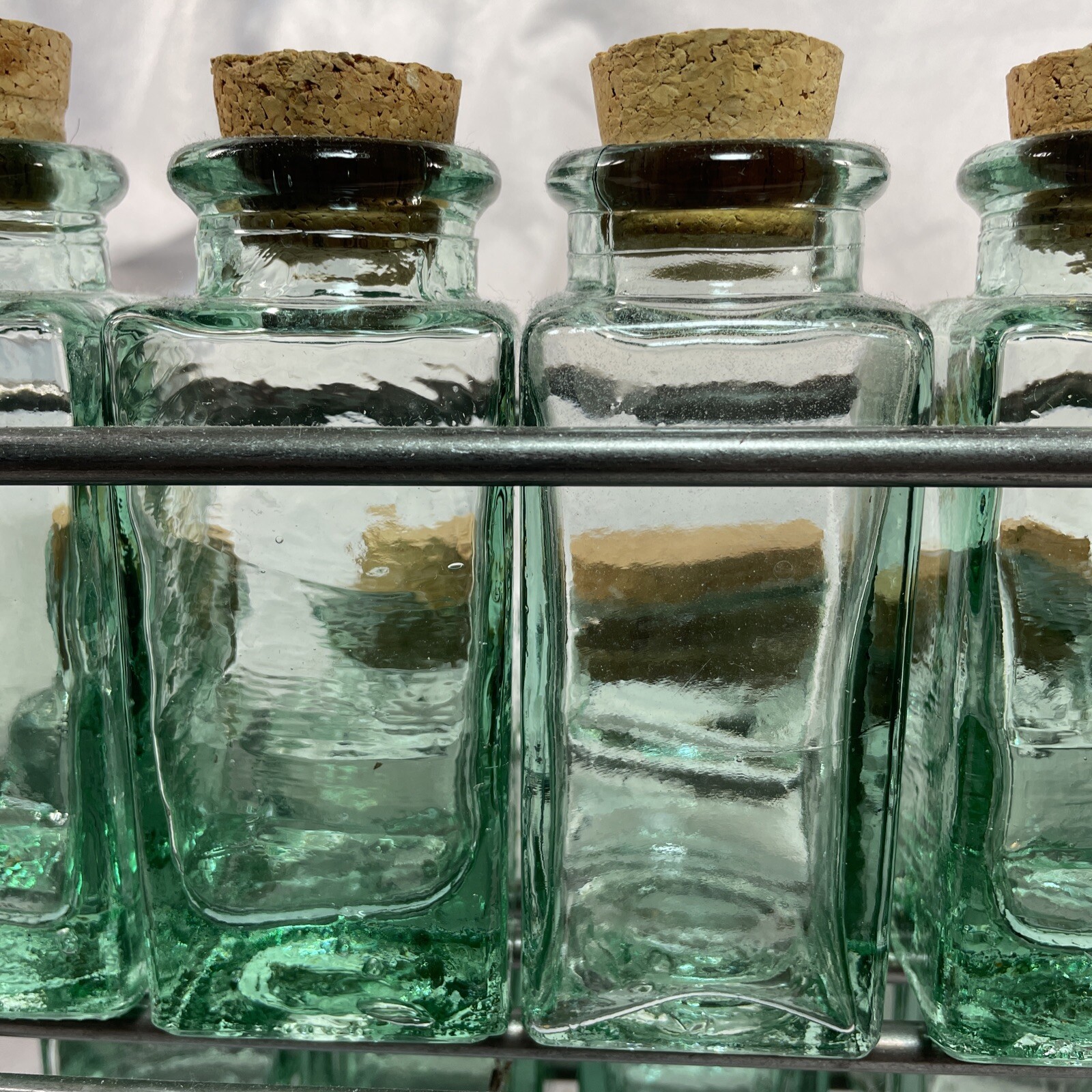 Wrought Iron Spice Rack 12 Green Glass Bottles w/cork stops Wall ...