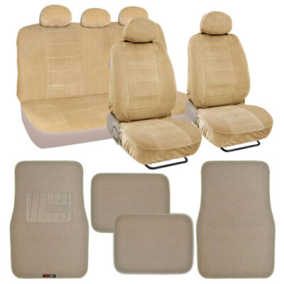 Beige Durable Padded Velour Seat Cover Set with Heavy Duty