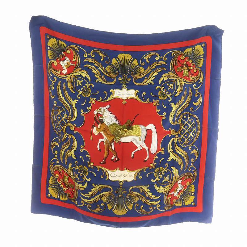 Hermes Cheval Turc Scarf Stole Blue Multicolor Turkish Horse Logo All Over Pattern
