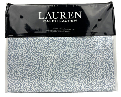 Ralph Lauren QUEEN Sheet Set Willa Leaf 100% Cotton Chambray Cream Light Blue