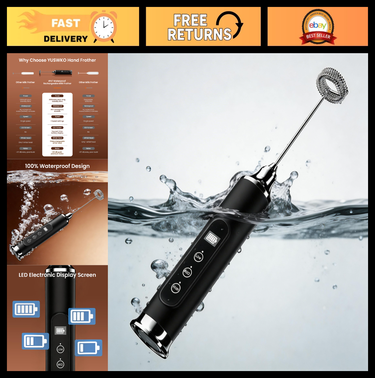 Rechargeable Milk Frother Waterproof Electric