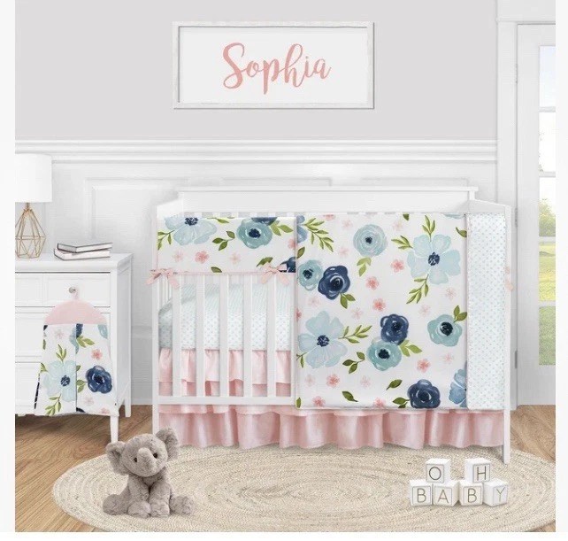 Navy Pink Watercolor Floral Baby Girl 5pc Nursery Crib Bedding Set by Sweet Jojo