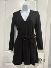 Zara TRF Black Solid A-Line Mini Dress V-Neck Long Sleeve Belted Pockets S