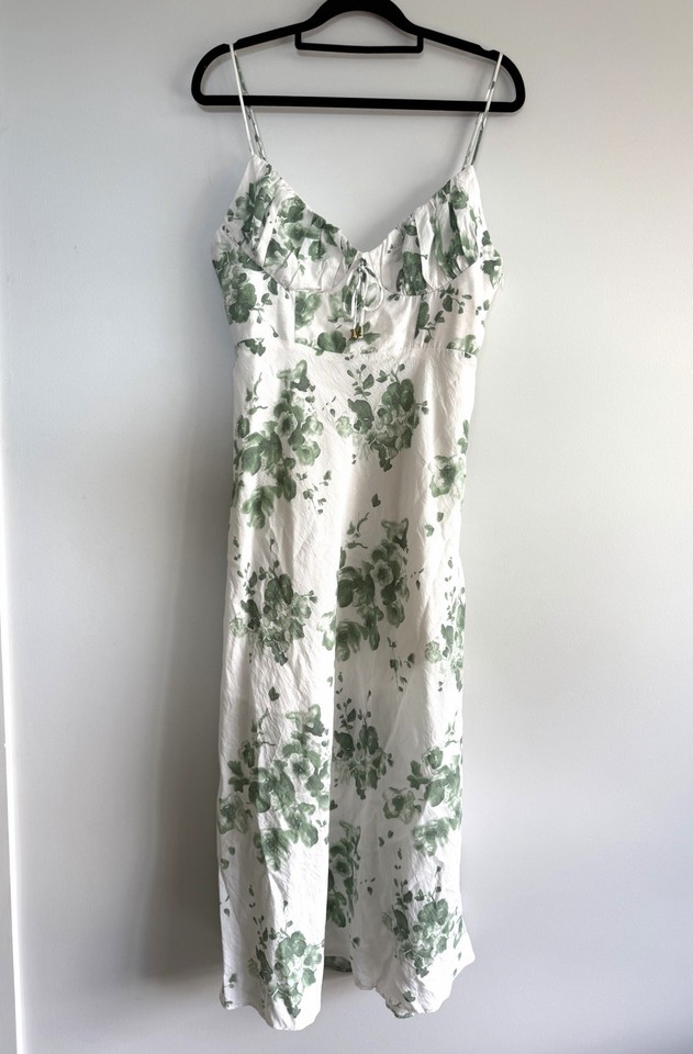 Here Comes The Sun Slip Dress Size 12 Casual Summer Floral Midi White/Green