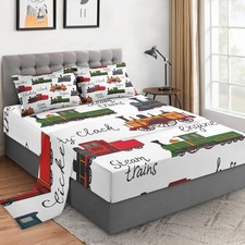 Full Size 4 Pcs Bed Fitted Sheet Set with 14" Deep Pocket, Retro Vintage Trai...