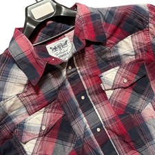 Levis Mens Pearl Snap Shirt Large Long Sleeve Red Blue White Western Rodeo