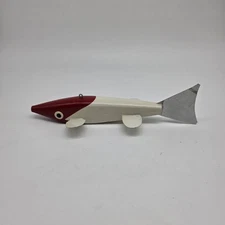 Vtg Wooden Fish Spearing Decoy – Hand Carved Red/White Metal Tail Folk Art...