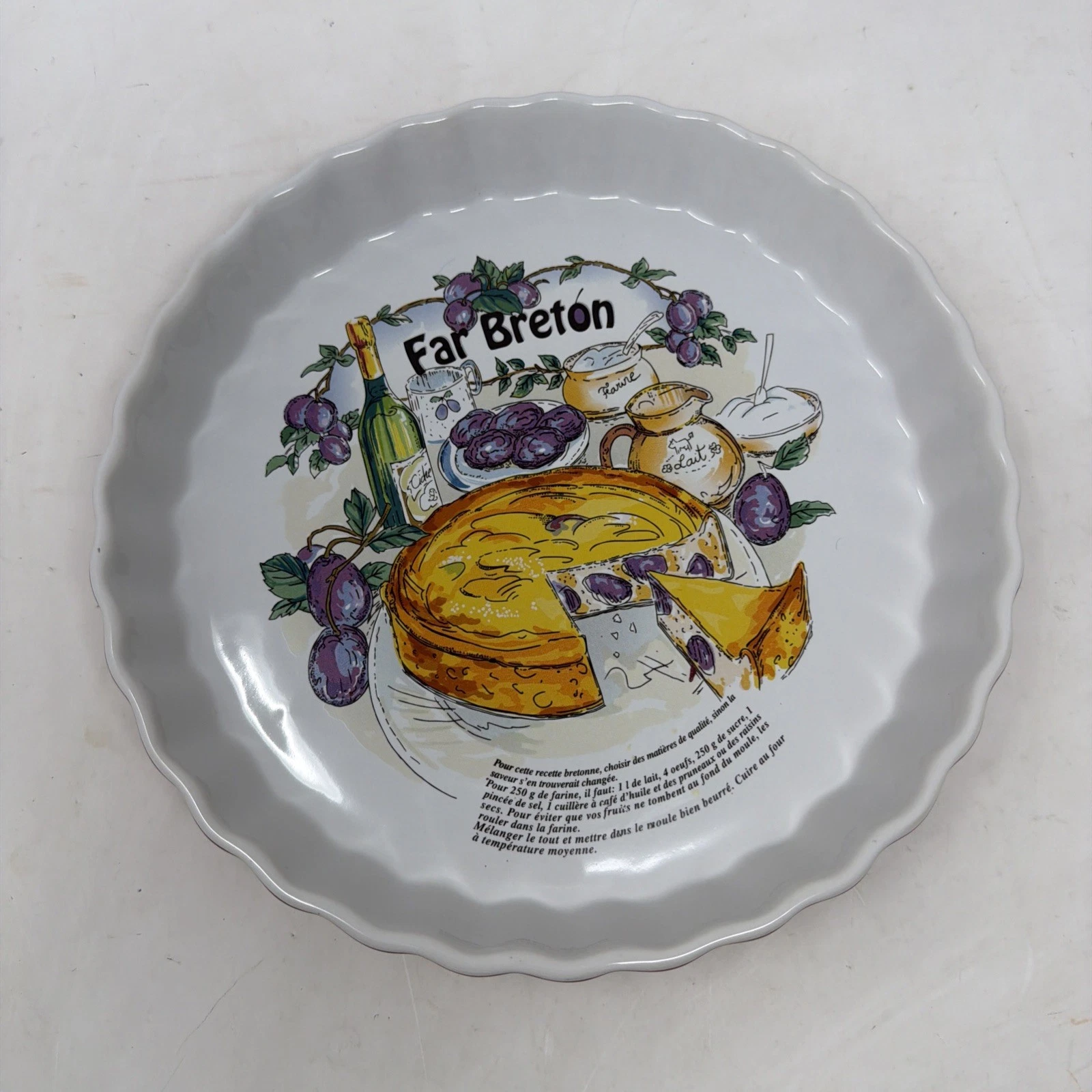 Vintage French Far Breton Recipe Pie Cake Flan Plate 10" Ceramic Brittany Plums
