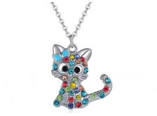 Silver Colorful Rhinestone Kitty Cat Bow Pendant Necklace Girls Jewelry
