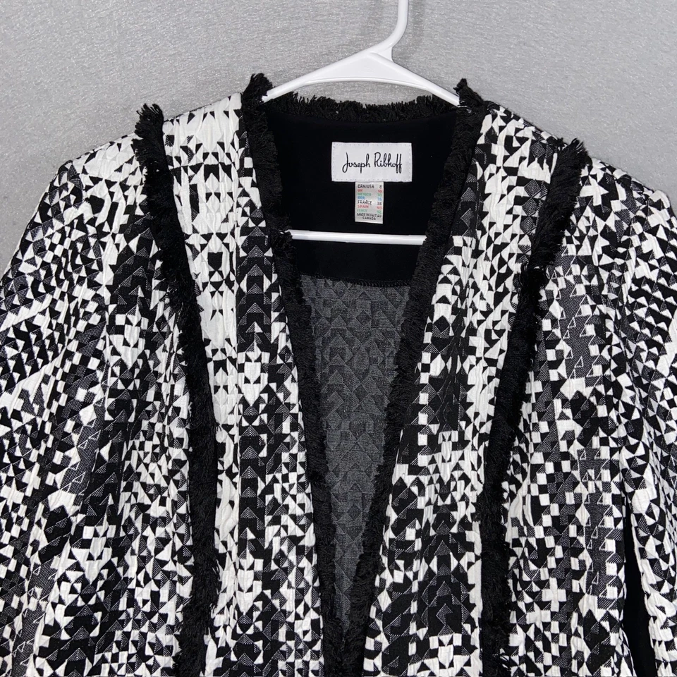 Blazer Joseph Ribkoff Mujer Talla 8 Negro Blanco Borde Geométrico Flecos Frente Abierto Foto 3 de 4